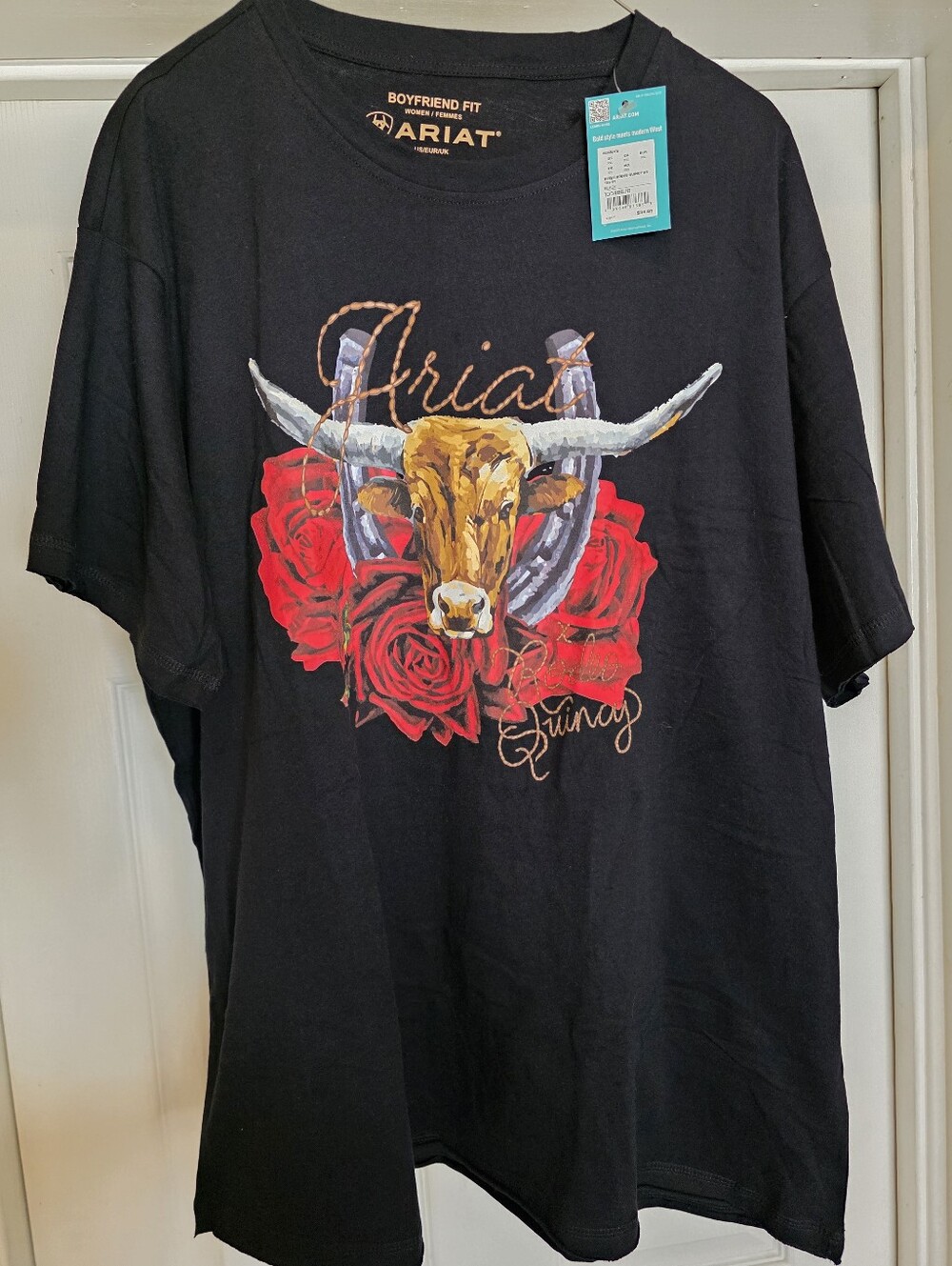 NWT Ariat Rodeo Quincy Black Tee with Longhorn and Red Roses XXL
